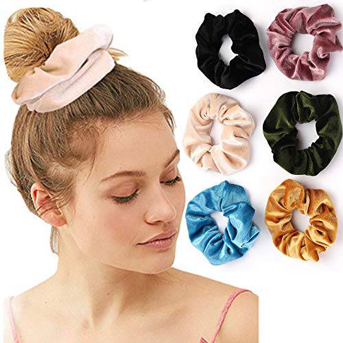Bartosi Velvet Hair Scrunchies Zipper Black Pocket Stretch Ponytail Holder Hair Bands Yellow Hair Scrunchy Ties Ropes Accessories for Women and Girls (Pack of 6) (Set 6)