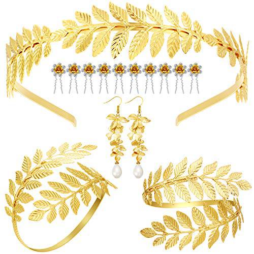 WILLBOND 15 Pieces Greek Costume Bracelet, Golden Leaves Bridal Crown Headband, Pearl Earrings and Hair Pins (Classic Style)