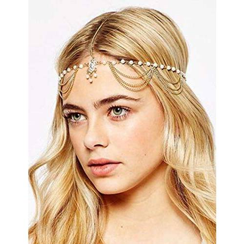 Chargances Dainty Women Head Chain Gold-tone Rhinestone Crystal Bridal Head Chain Wedding Hair Accessorie Indian Costume Jewelry Egyptian Headband Belly Dance or 1920s Fashion Style Party Headpiece for Women