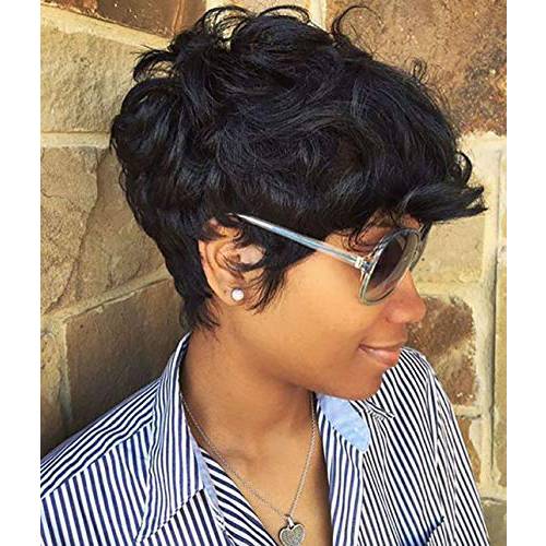 Rofa Short Wavy Synthetic Hair Wig Pixie Cut Curly Wig with Bangs for Black Women Short Cut Wigs for women Natural Looking Fiber Hair Wigs for White Women (1B)