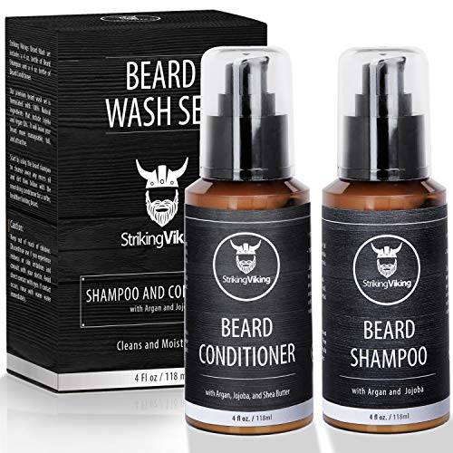 Beard Shampoo and Beard Conditioner for Men, All-Natural Beard Wash Set Cleanse Softens & Conditions with Organic Argan and Jojoba Beard Oils, Sulfate & Paraben Free by Striking Viking