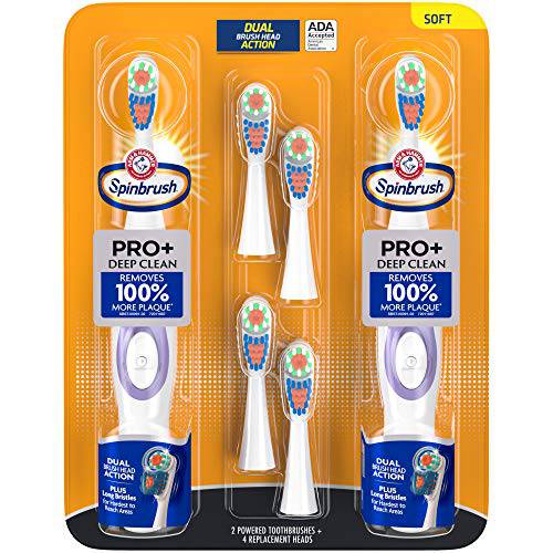 ARM & HAMMER Spinbrush PRO Clean Soft Family Pack- 2 Brushes Plus 4 Refill Heads- Battery Powered Toothbrush Multi-Pack- Soft Bristles