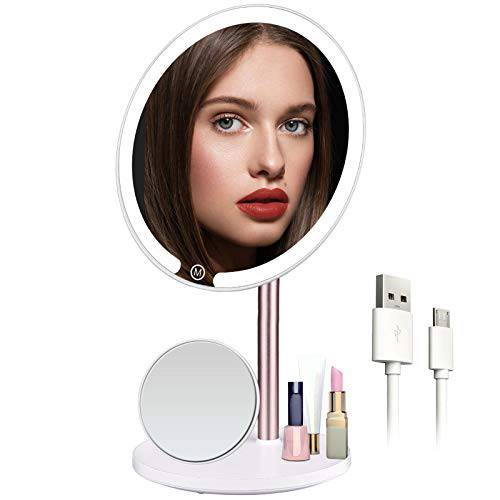 Quinskkin Lighted Makeup Mirror，8 10X Magnifying Makeup Mirror with Lights 3 Color Led Makeup Personal Mirror Brightness Adjustable,Vanity Cosmetic Beauty Mirror with 360°Swivel