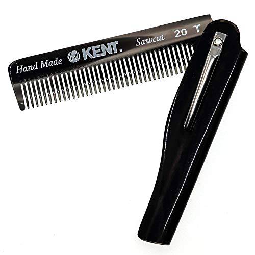 Kent 20T Black Graphite Handmade Folding Pocket Comb for Men, Fine Tooth Hair Comb Straightener for Everyday Grooming Styling Hair, Beard or Mustache, Use Dry or with Balms, Saw Cut, Made in England