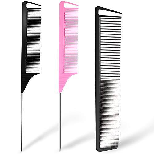 3 Pieces Rat Tail Comb Carbon Fiber Teasing Combs Parting Braids Comb Stainless Steel Pintail Comb Barber Styling Combs for Women Men Fine Teeth Salon Hairdressing Hair Care Tools