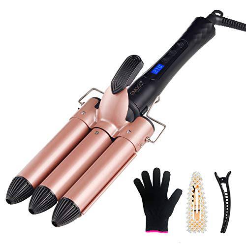 3 Barrel Curling Iron,1 inch Triple Three Barrel Hair Waver Mermaid Beach Waves Curling Wand Ceramic Tourmaline Temperature Adjustable Curler Irons with LCD Display for Hair Styling Set(Rose,Black)