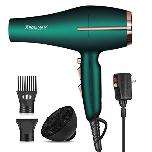 Pro Ionic Salon Hair Dryer,Xpoliman Hair Blow Dryer,Powerful 2000 Watt with AC Motor,Quick Drying Salon Hairdryers with Diffuser Fast Drying Blow Dryer Lightweight Best Soft Touch Body -Green & Gold