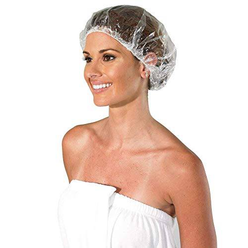 CalAddis Disposable shower caps 100 pieces, Thick, Elastic, Waterproof plastic head caps for Women Girls, Large, Travel Spa, Hotel and Hair Salon, Home Use