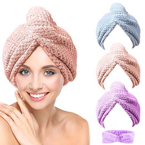 Microfiber Hair Towel Wrap CHOOBY 3+1 Pack Hair Towel, Quick Dry Super Absorbent Hair Towel Wrap for Women Girl Family Curly Long & Thick Wet Hair Anti Frizz Button Choose Design (Pink/Purple/Gray)