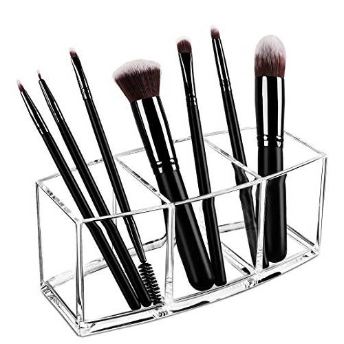 Syntus Makeup Brush Holder Organizer, Acrylic 3 Slot Large Capacity Cosmetic Brushes Storage Box, Black