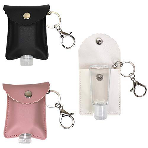 ZARIO Empty Bottle and Leather Keychain Holder - Refillable Travel Sized Keychain Carriers with Flip Cap Reusable Bottles - 30 ML Refillable Bottles for Soap, Lotion, and Liquids (Leather 3)