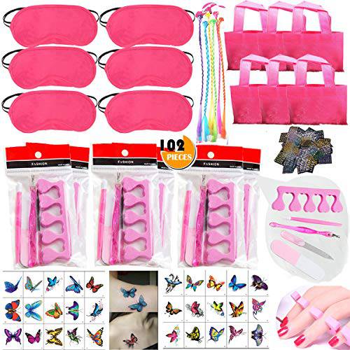 102PCS Spa Party Favors for Girls Women Multiple Spa Supplies Bday Gift - Spa Masks Tote Bags Colored Hair Extensions Body Butterfly Mixed Nail Decal Set Nail File Toe Separator and More Nail Care Kit