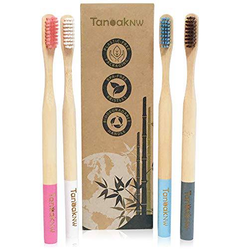 Bamboo Toothbrush Eco-Friendly Packs of 4 – Circular Organic Biodegradable handle with BPA-Free, Soft Nylon Bristle.
