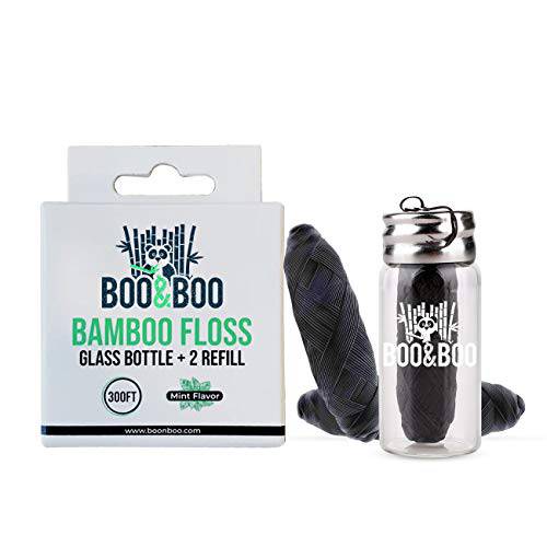 BOONBOO Dental Floss | Refillable Glass Bottle + 3 Threads | Total 300FT/90M | Bamboo Charcoal Woven Fiber & Vegan Waxed | Teeth Flosser Dispenser with Threaders | Biodegradable & Sustainable (Mint)