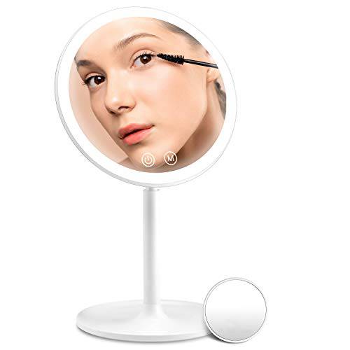 Rechargeable Lighted Makeup Mirror, 1X/10X Magnifying Vanity Mirror with 46 LED Lights, 3 Lighting Modes Dimmable 90 Degree Rotation Touch Screen, Light Up Mirror for Travel, Portable Cosmetic Mirror