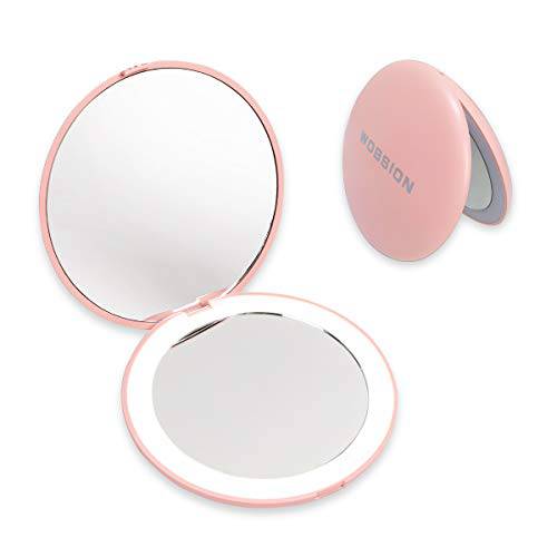 wobsion Compact Mirror with Light, 1x/10x Magnification Travel Makeup Mirror, Handheld 2-Sided Mirror, Compact Mirror for Purses, 3.5 inch Small Pocket Mirror for Handbag,Purse,Pocket,Round,Pink