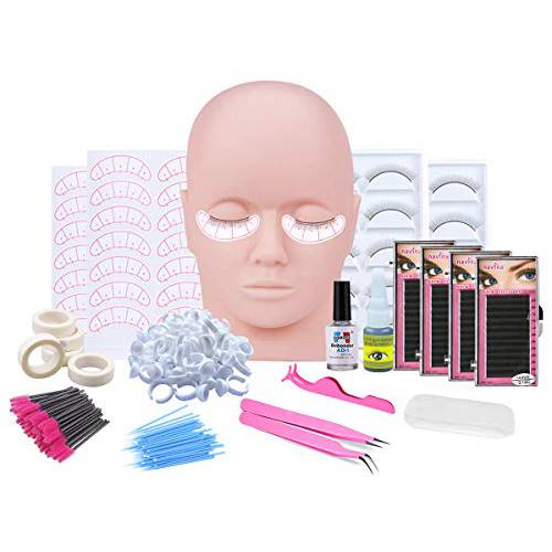 Lash Eyelash Extension Kit, Eyelash Extension Supplies With Mannequin Head For Beginners Eyelashes Extensions Practice Kit Lip Makeup Eyelash Grafting Training Tool Kit with Individual Lashes Glue