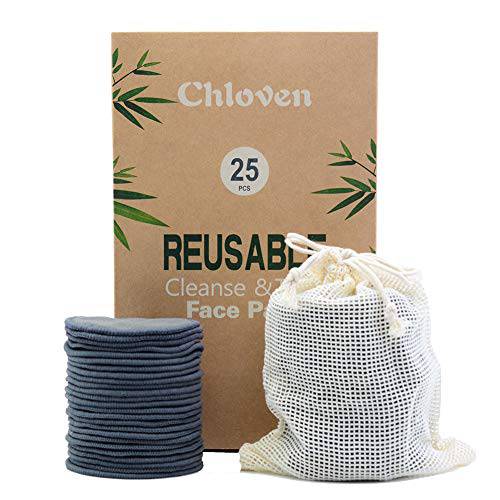 Chloven 25 Pack Charcoal Bamboo Reusable Makeup Remover Pads - Bamboo Reusable Cotton Rounds for Toner, Washable Eco-Friendly Pads for All Skin Types with Cotton Laundry Bag