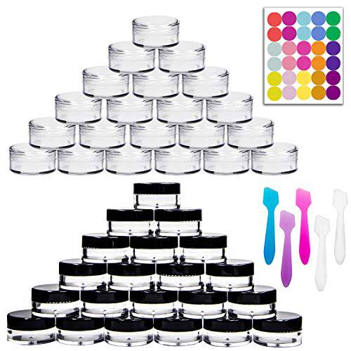 Youngever 140 Pcs Empty Plastic Cosmetic Samples Containers, Plastic Jars With Lids, 5 Mini Spatulas (5 Gram)