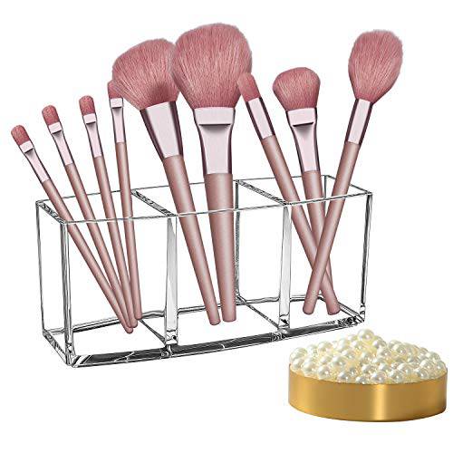 Makeup Brush Holders,Clear Makeup Brush Organizer, 3 Slot Acrylic Cosmetics Makeup Brushes Storage With Some Free Decorative Pearl
