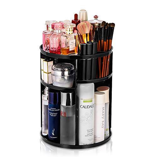 360 Rotating Adjustable Cosmetic Organizer - Spinning Holder Storage Rack for Bedroom Dresser or Vanity Countertop，Fits Makeup Brushes, Lipsticks,etc.(Black)