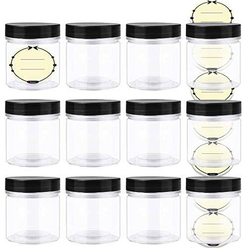 TUZAZO 4 Oz Plastic Containers with Lids and Labels BPA Free, Clear Empty Refillable Round 4oz Plastic Jars with Lids for Cosmetics, Lotions, Body Butter, Slime & Beauty Products (12 Pack)