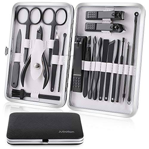Manicure Set, Jubolion 19pcs Stainless Steel Professional Nail Clippers Pedicure Set with Black Leather Storage Case, Portable Grooming Kit for Travel or Home, Perfect Gifts for Women and Men (Black)
