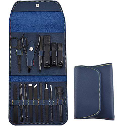 Manicure Kit Nail Clippers Set Stainless Steel Professional Pedicure Black 16 in 1 Grooming Kit Nail Scissors Cutter Ear Pick Tweezers Nose Hair Scissors Eyebrow for Man&Women gift (navy_16 in1)