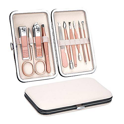 Manicure Kit, Manicure Set, Professional Rose Gold Stainless Steel Nail Tools 10 in 1 With Luxury Grooming Rose Leather Case，Cuticle Cutter Clipper Grooming Kit
