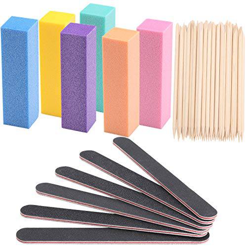 100 Pcs Orange Sticks for Nails Double Sided Multi Functional Wooden Cuticle Stick, 6 Pcs 100/180 Grit Nail Files and 6 Pcs Buffer Block
