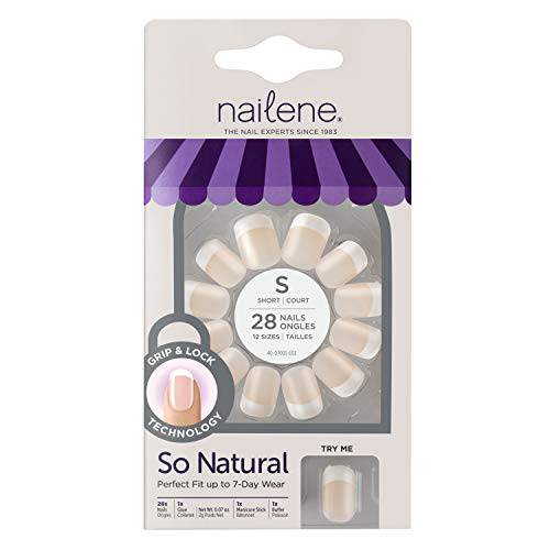 Nailene So Natural Short Artificial Nails, Beige – Fake Nail Kit with 28 Nails (12 Sizes) & Nail Glue Included – Designed for Comfort & Natural Look – False Nails with up to 7 Days of Wear,71004