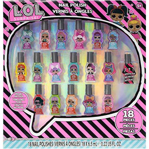 Townley Girl L.O.L Surprise Non-Toxic Peel-Off Nail Polish Set with Glittery, Shimmer & Opaque Colors including 1 Surprise Bottle for Girls Ages 5+ Perfect for Parties, Sleepovers & Makeovers, 18 Pcs