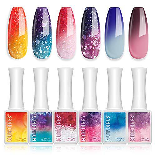 Modelones Color Changing Gel Nail Polish - 6 Colors 10ml Pink Glitter Blue Mood Temperature Change Gel Polish Set Soak Off Nail Polish Gel Kit DIY Home Salon LED Nail Art Manicure Gifts for Women Girl