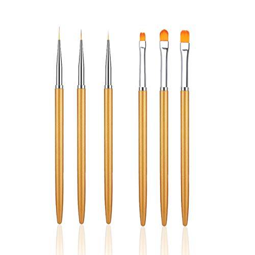 6PCS Nail Art Liner Brushes, Nail Art Brushes Set Acrylic UV Gel Glitter Drawing Painting Brushes Nylon Hair Carving Flower Pens Nails Tools (Golden Color, 7/9/11mm, 6/8/10mm)