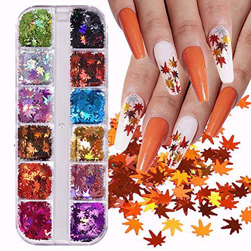 Macute Fall Leaves Nail Art Stickers Decals, 3D Maple Leaf Nail Glitters Sequins Fall Nails Art Supply Paillettes 12 Grids Autumn Color Flakes for Women Acrylic Nail Designs Manicure Tips Decorations