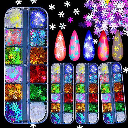 4 Boxes 48 Grids Snowflake Nail Sequins Christmas Nail Snowflakes Christmas Holographic Nail Sequins Snowflakes Nail Glitters Set Holographic Laser Nail Flakes for DIY Nail Decals, 12 Colors