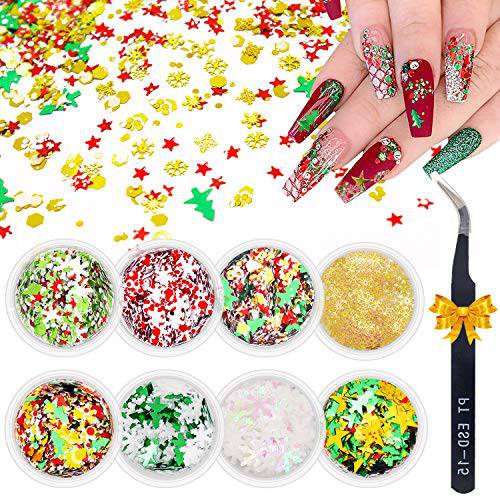 JOYJULY Christmas Nail Glitter, 8 Jars Christmas Nail Sequins Holographic Laser Snowflake Star Sequins with tweezer for Xmas Nails Decoration/Make Up/Craft