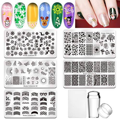 Biutee Nail Stamping Plates Kit Nail Art Stamp Plates for Nails 5 Pcs Nail Templates with Clear Stamper Scraper Letters Flowers and Geometric Patterns