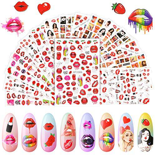 16 Sheets Lips Design Nail Art Stickers Valentine’s Day Nail Decals Stickers Self-Adhesive Nail Art Stickers Decoration for Women Girls Cool Decoration