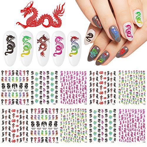 10 Sheets Dragon Nail Design Stickers 3D Self-Adhesive Dragon Nail Design Decals Dragon Designs Nail Decoration for Fingernails Manicure Decorations Nail Design Accessories