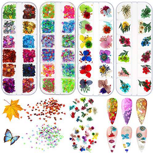 Vicooda Flake Acrylic Manicure,Dried Flowers Maple Leaf Butterfly Nail Glitter Sequins,Holographic Butterfly Nail Glitter, Manicure Paillettes,Nail Sequins for Art Design DIY Crafting Decoration