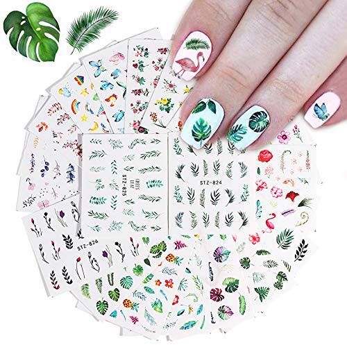 Kalolary 29Pcs Nail Stickers Water Transfer Fresh Nail Decals for Nail Art, Butterfly Palm Leaf Flower Nail Design Stickers for DIY Nails Design Manicure Tips Decorations