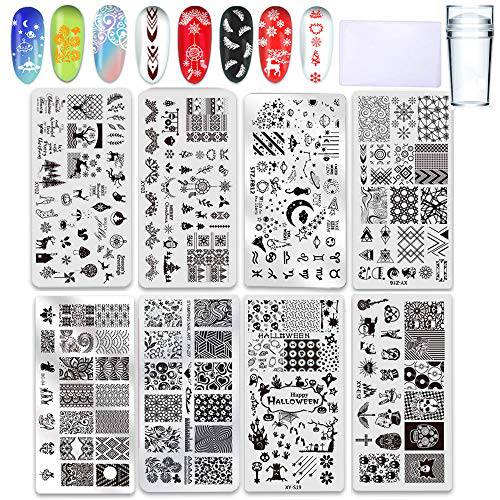 Nail Stamper Kit Nail Stamping Plate Set 8 Pcs Nail Templates With Stamper Scaper Lace animal Owl flower heart Starry sky Constellation rock Spring Summer design Nail Art Plate