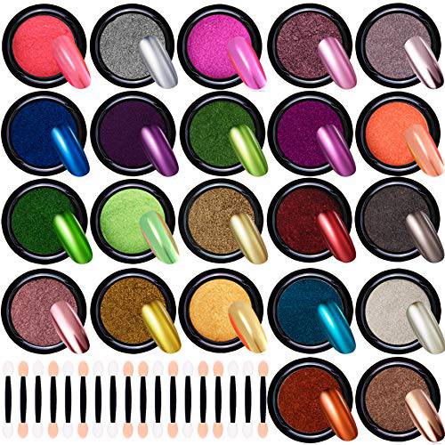 Duufin 22 Colors Nail Chrome Powder Metallic Nail Powder for Mirror Effect Nails Art Decoration with 22 Pcs Eyeshadow Sticks, 1g/Jar