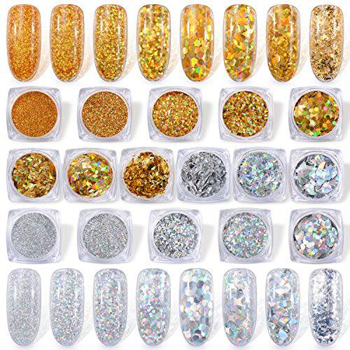Spearlcable Holographic Nail Glitter 16 Boxes Nails Powder Nail Art Sequins Holo Shining Flakes Gold Silver Chunky Glitter Set Decals for Face Eyes Body Hair DIY Nail Art (pattern1)