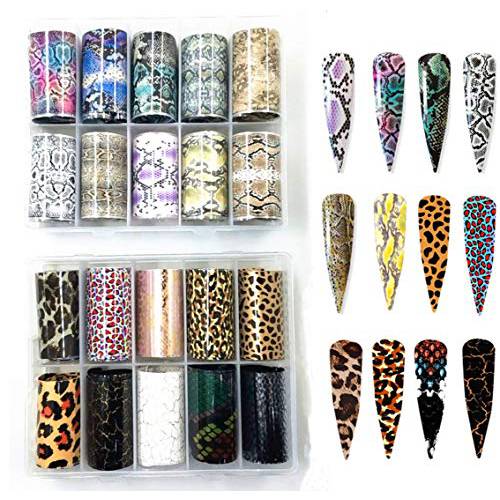 CHANGAR Animal Skin Style Nail Art Foil Transfer Decals Serpentine Leopard Print Tiger Snake Skin Pattern Fish Scale Nail Foil Adhesive Stickers Starry Sky Manicure Transfer Tips Nail Art DIY Decoration Kit (2 boxes)