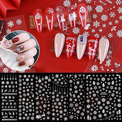 Macute Snowflake Nail Art Stickers 3D Christmas Theme Nail Tips Decals 6 Sheets Christmas Snowflakes Deer Leaf Designs Adhesive Foil Sticker for Manicure Polish Decorations Acrylic Nails Supplies