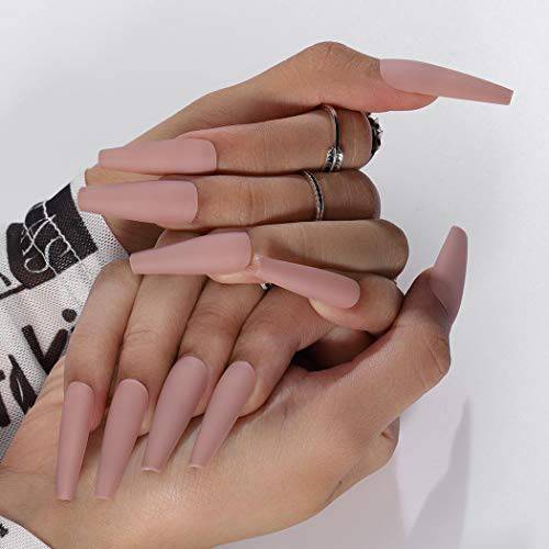 Outyua Nude Press on Nails Coffin Matte Super Long Fake Nails Artificial False Nails Acrylic Nails(Nude)