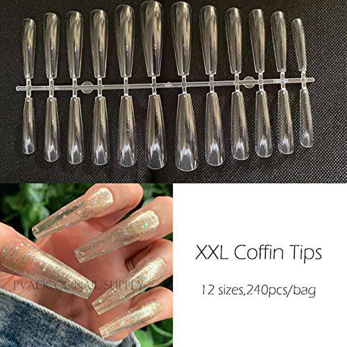 240 Pcs Nail Tips, NXYVB Clear Nail Tips Fold Without Trace Coffin Nails Tips No Peculiar Smell Nail Tips for Acrylic Nails Professional Extra Long Press on Nails with Box, 12 Size