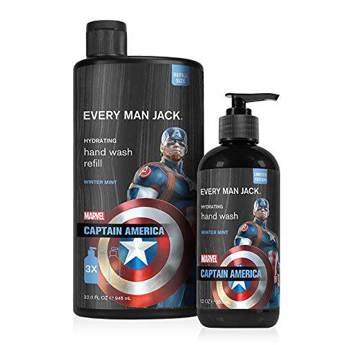 Every Man Jack Hand Wash - Marvel Black Panther | 12-ounce Bottle + 33.8-ounce Refill | Naturally Derived, Parabens-free, Dye-free, and Certified Cruelty Free (Captain America)